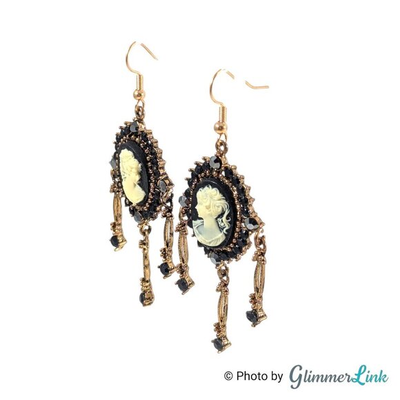 Vintage Style Black Cameo Gothic Chandelier Dangle Earrings Victorian Revival - Picture 4 of 8